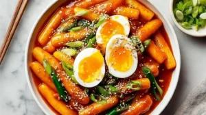 Yopokki recipe finished dish with spicy rice cakes, eggs, and green onions