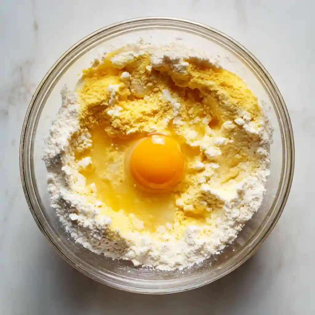 Glass mixing bowl filled with yellow cake mix, flour, melted butter, and a whole cracked egg in the center, ready to be mixed.