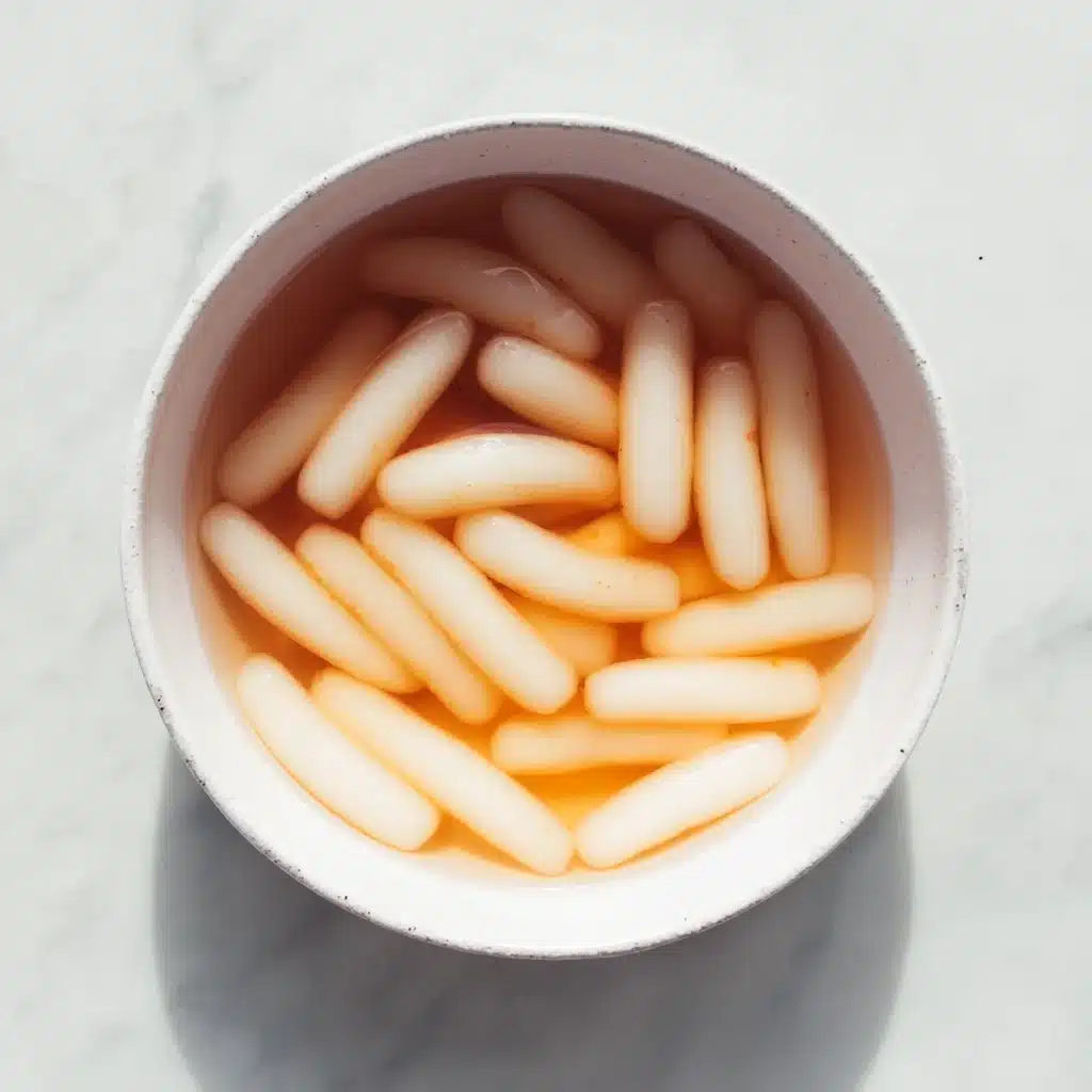 Korean rice cakes soaking in warm water in a bowl