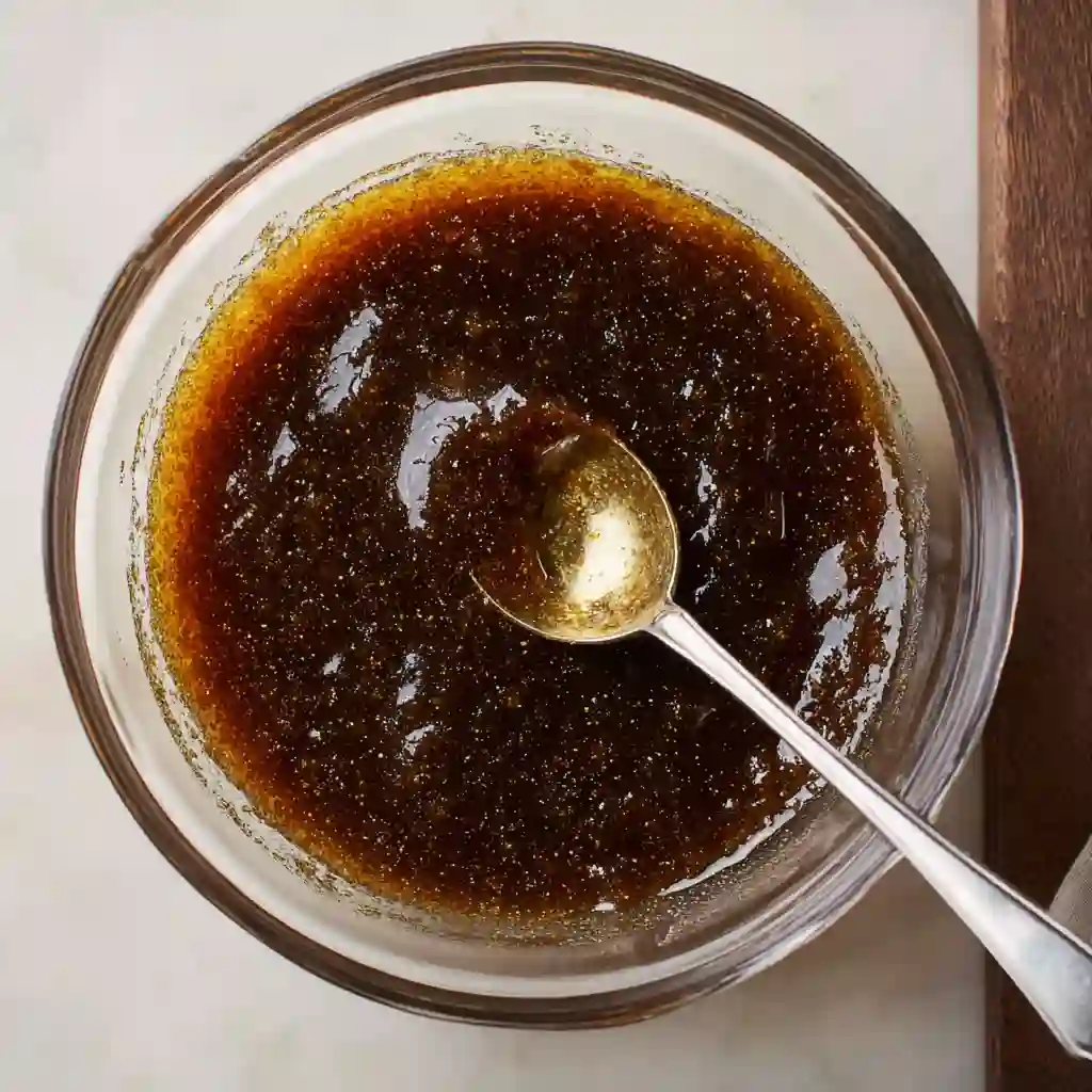 Pecan Pie Dump Cake recipe 51 Brown sugar, corn syrup, and butter mixture being whisked together in a glass bowl for pecan pie dump cake.