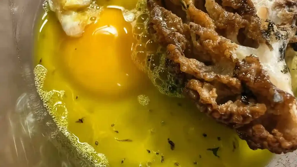 Morel mushrooms in a bowl coated with beaten egg before breading.