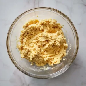 Mixed cake mix dough in a clear glass bowl on a marble kitchen counter.