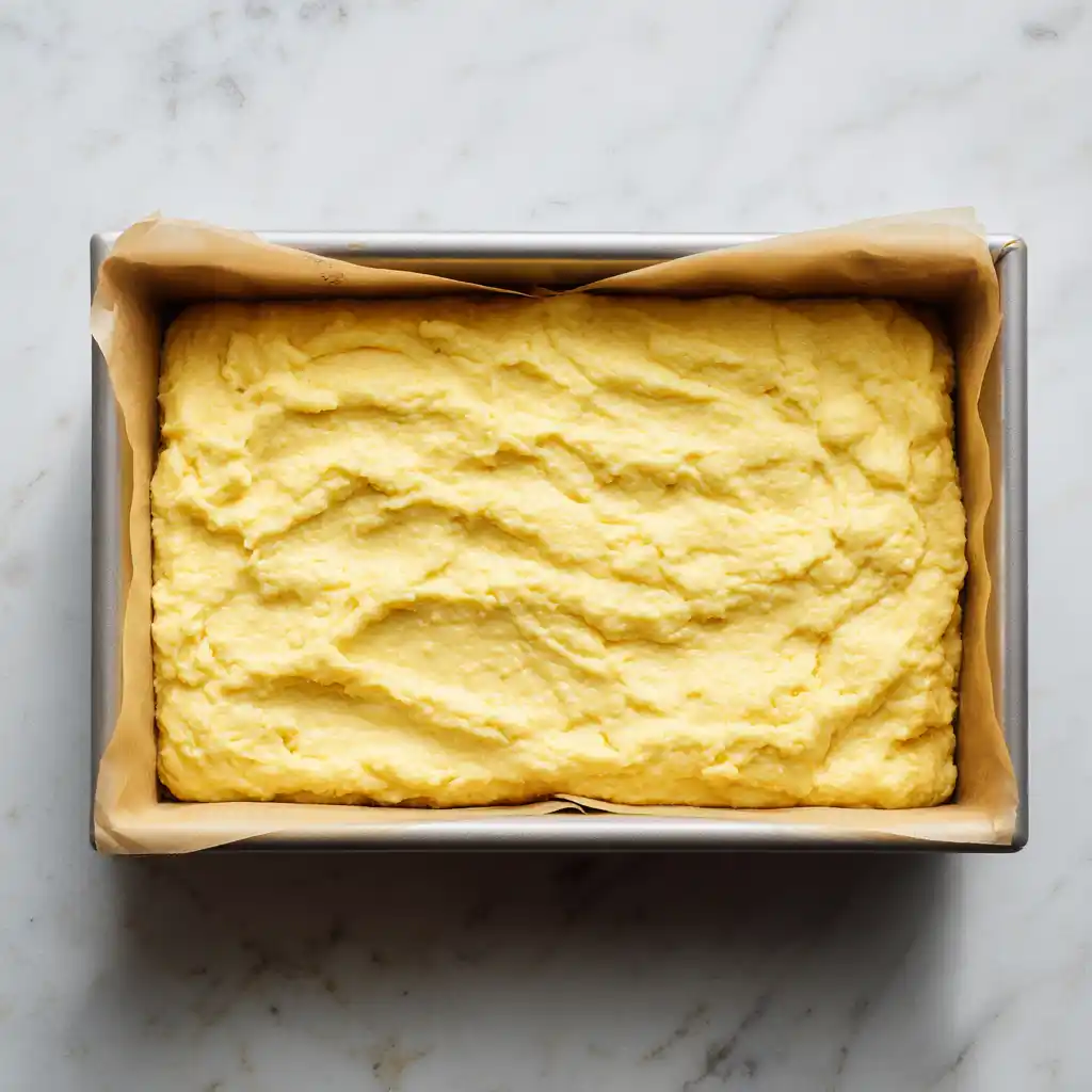 Unbaked cake mix dough pressed into a parchment-lined rectangular baking pan.