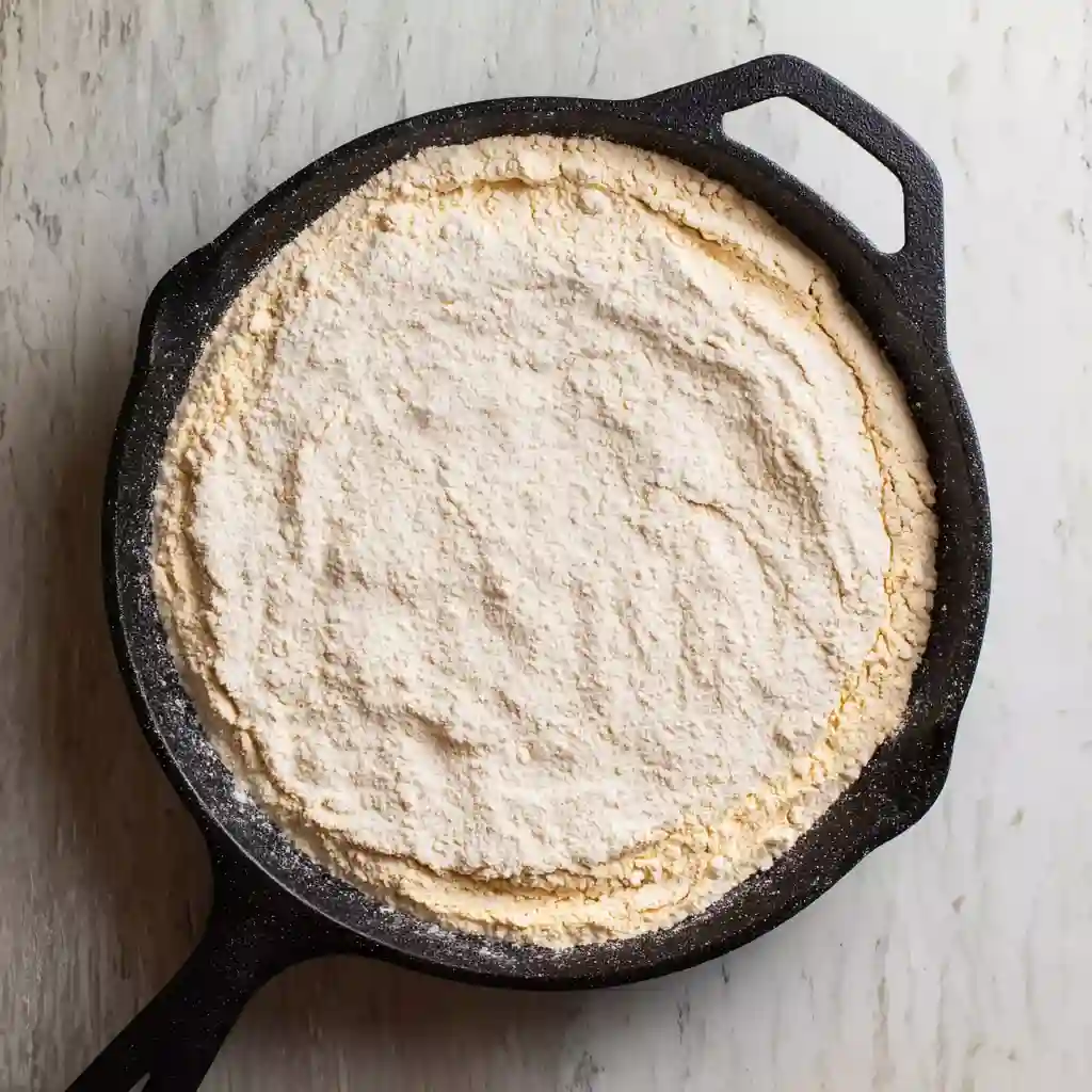 Pecan Pie Dump Cake recipe 54 Unbaked pecan pie dump cake topped with pecans and melted butter in a skillet.