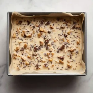 Sweetened condensed milk mixture with toffee bits spread evenly over the crust in the baking pan.