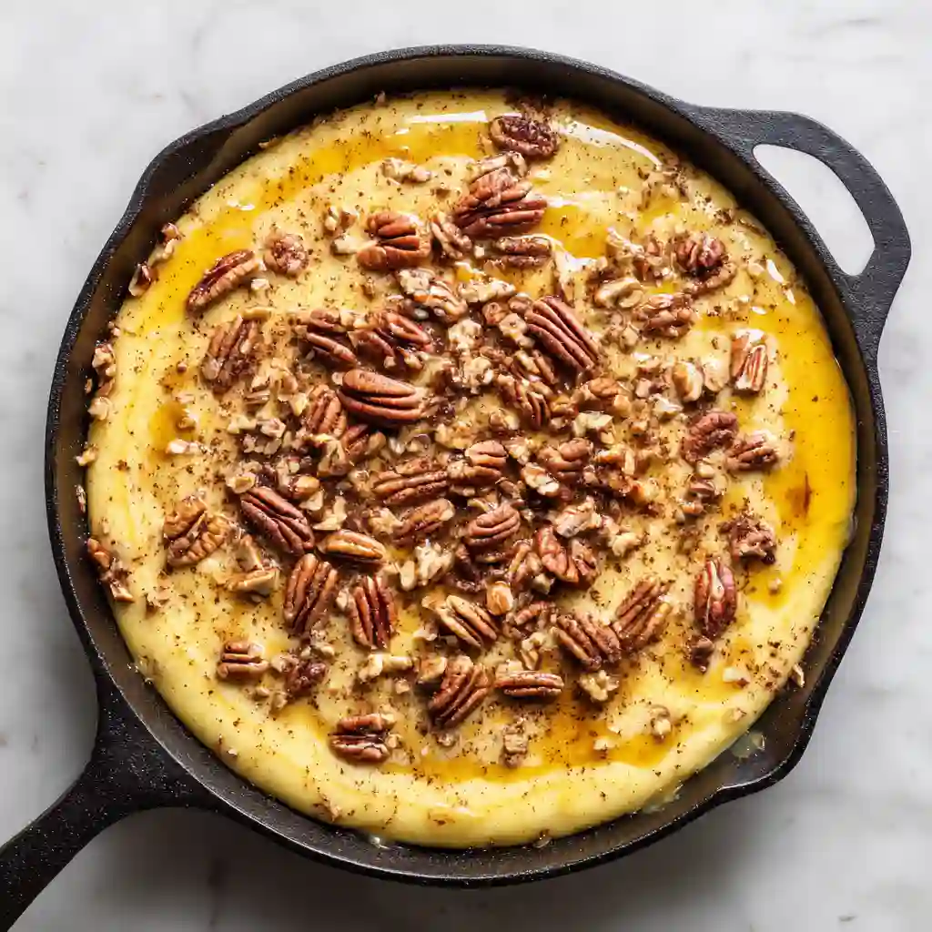 Pecan Pie Dump Cake recipe 55 Golden-brown baked pecan pie dump cake with a gooey center in a cast iron skillet.