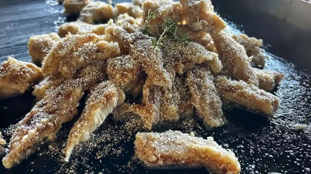 Crispy golden brown morel mushrooms cooking on a hot griddle.