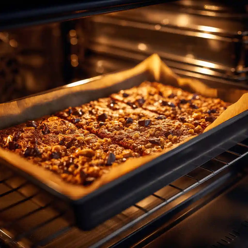Cake Mix Toffee Bars baking in the oven until golden brown with a gooey topping.
