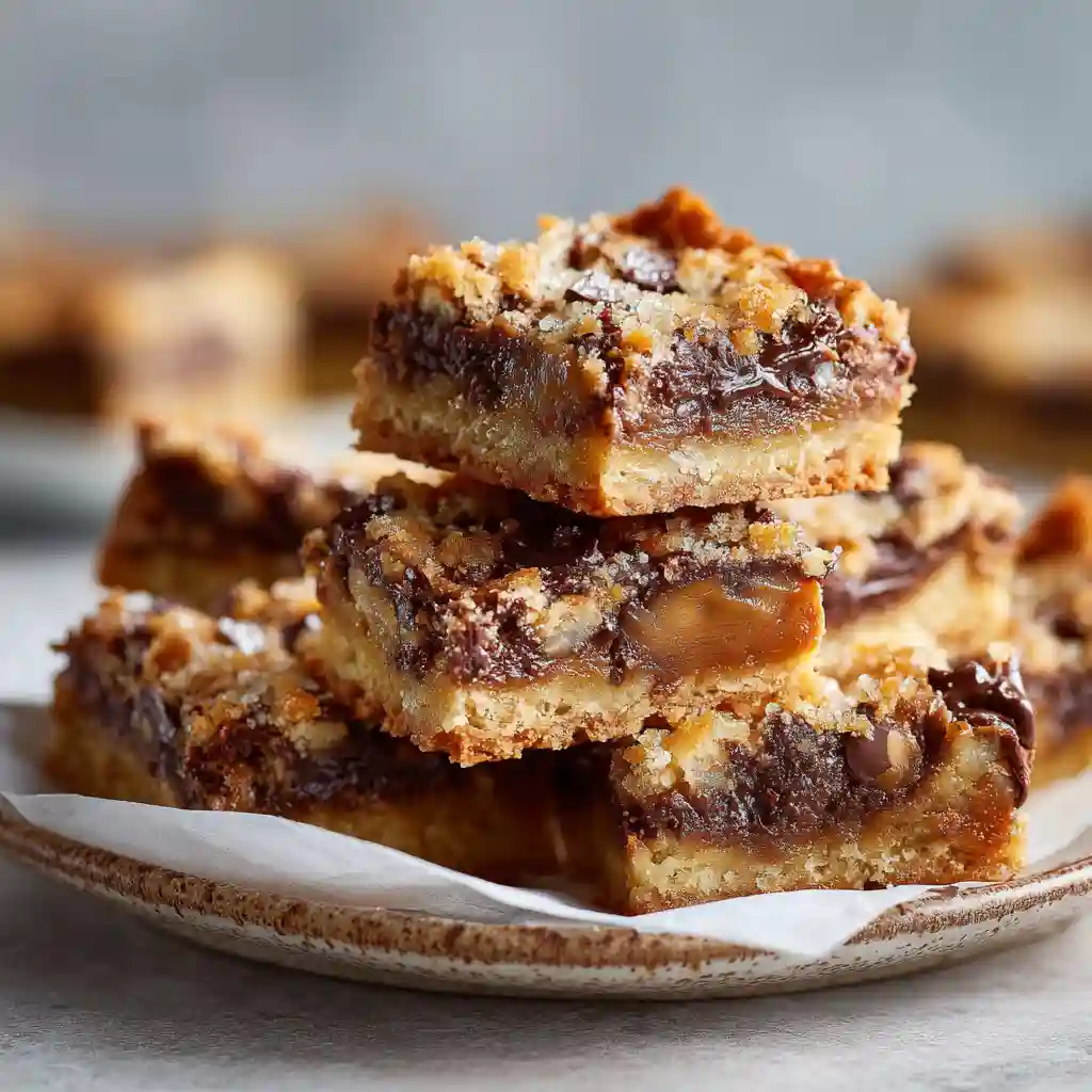 Stacked cake mix toffee bars on a rustic plate lined with parchment paper.