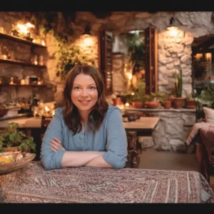 Smiling food blogger seated at a cozy rustic dining table, surrounded by warm lighting and stone walls in a beautifully decorated kitchen