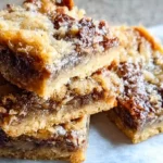 Close-up of stacked Cake Mix Toffee Bars showing gooey chocolate and toffee layers with a golden buttery crust.