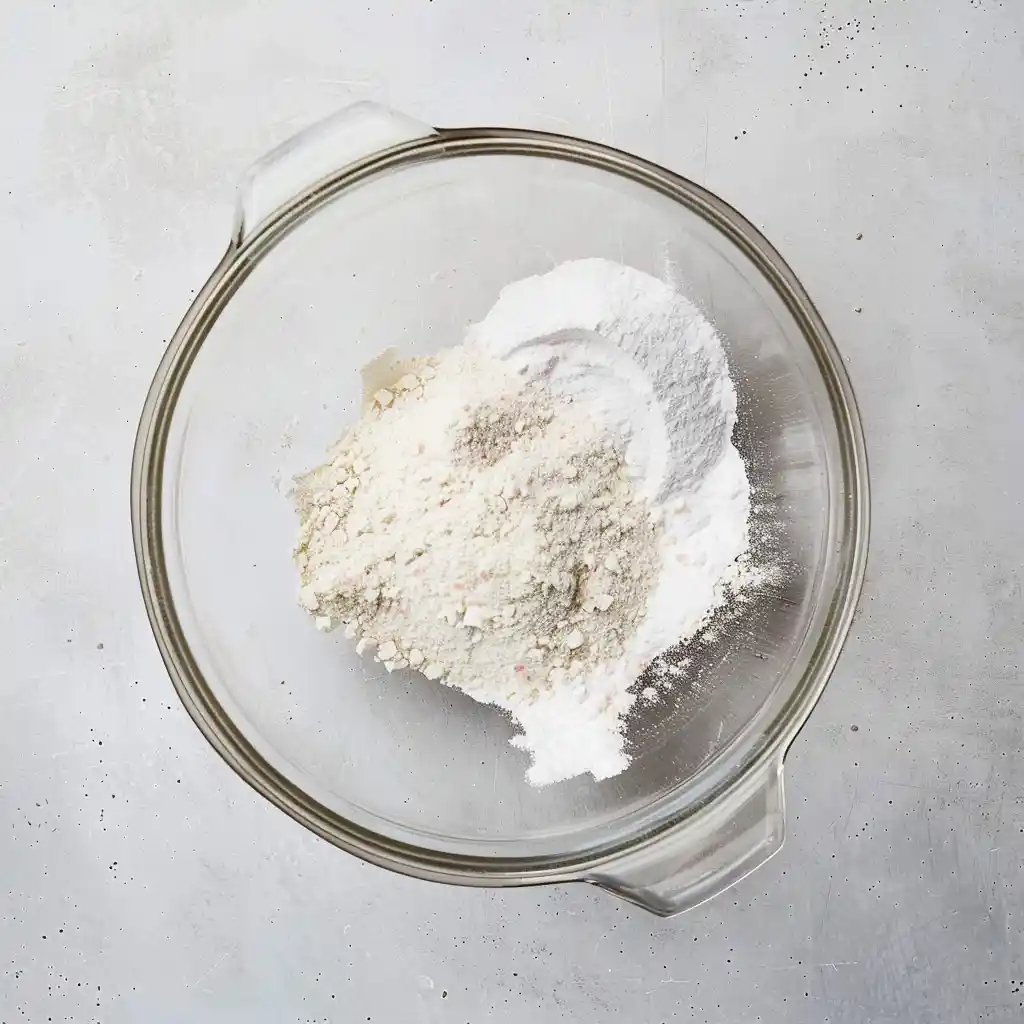 Dry ingredients in a glass mixing bowl on a smooth light kitchen surface