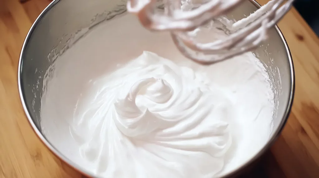 Whipped meringue with stiff glossy peaks in a stainless steel mixing bowl, ready for piping.