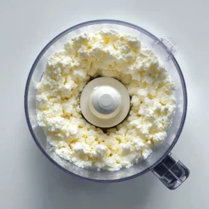 Cottage cheese in a food processor ready to be blended for cottage cheese fudge