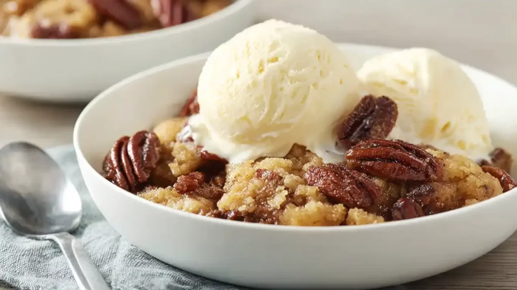 Pecan pie dump cake topped with vanilla ice cream in a white bowl.