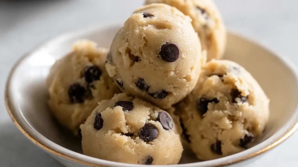 Scoops of Edible Cookie Dough for One with chocolate chips in a white bowl