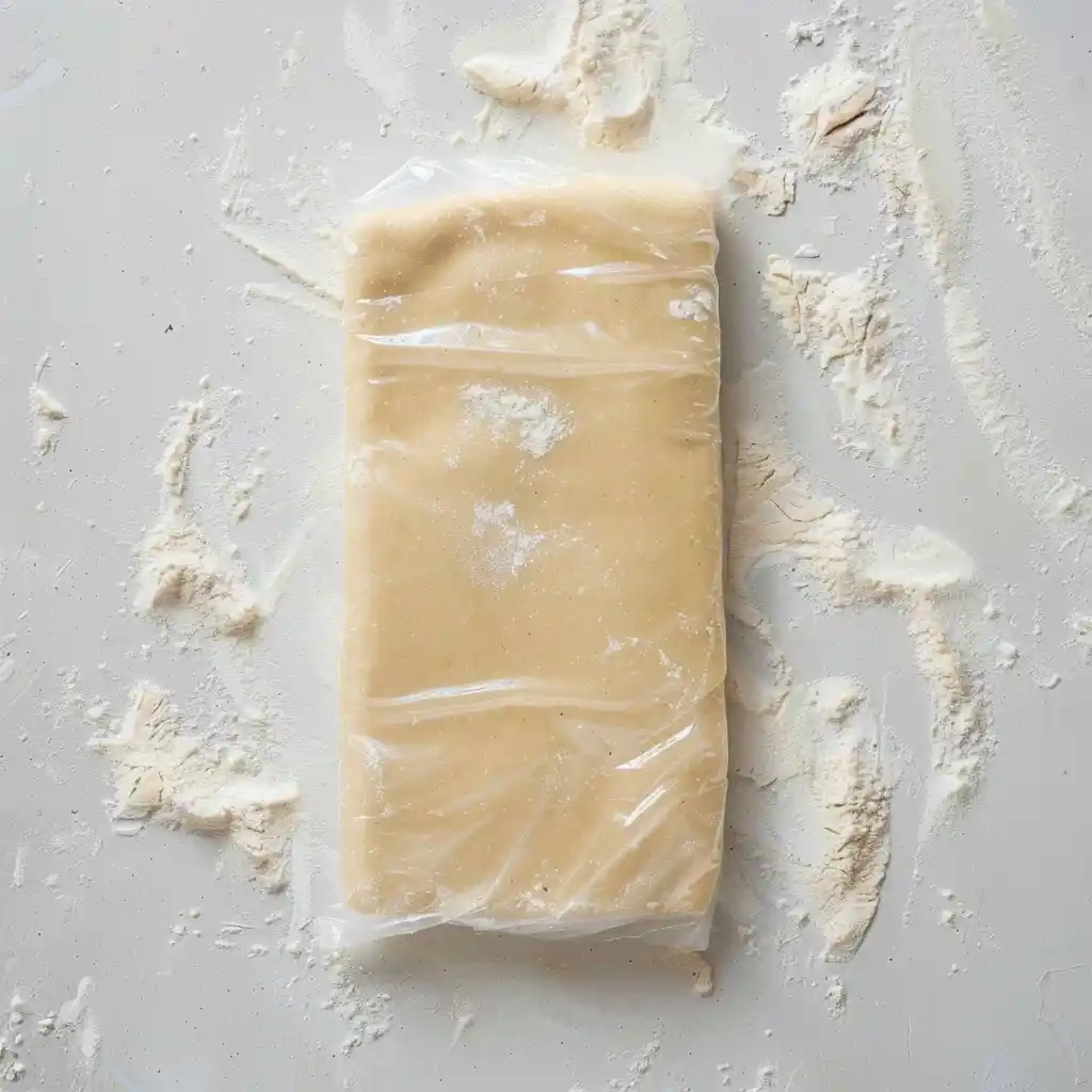 Wrapped cookie dough in plastic wrap on a lightly floured surface