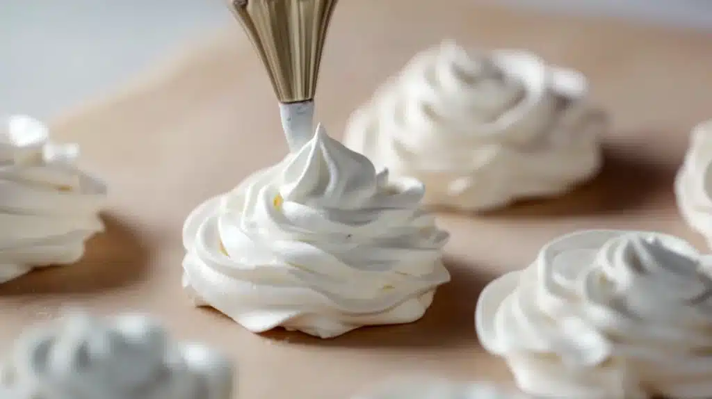Piping meringue into circular nests on parchment paper for pavlova cookies.