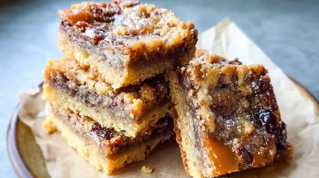 Stack of homemade cake mix toffee bars on parchment paper.