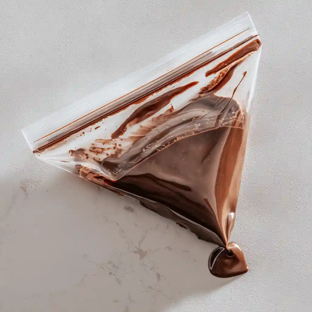 Plastic ziplock bag filled with melted chocolate on a smooth light kitchen surface