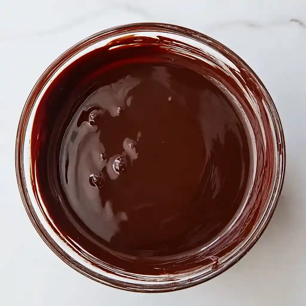 Melted dark chocolate in a glass bowl for cottage cheese fudge