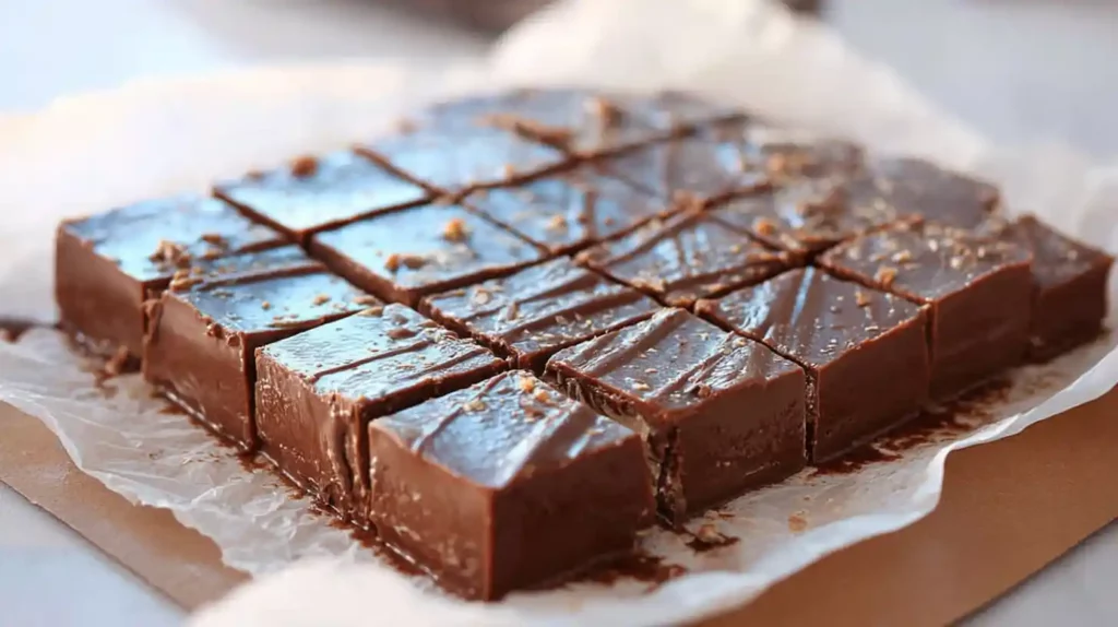 Cottage cheese fudge cut into squares on parchment paper ready to serve