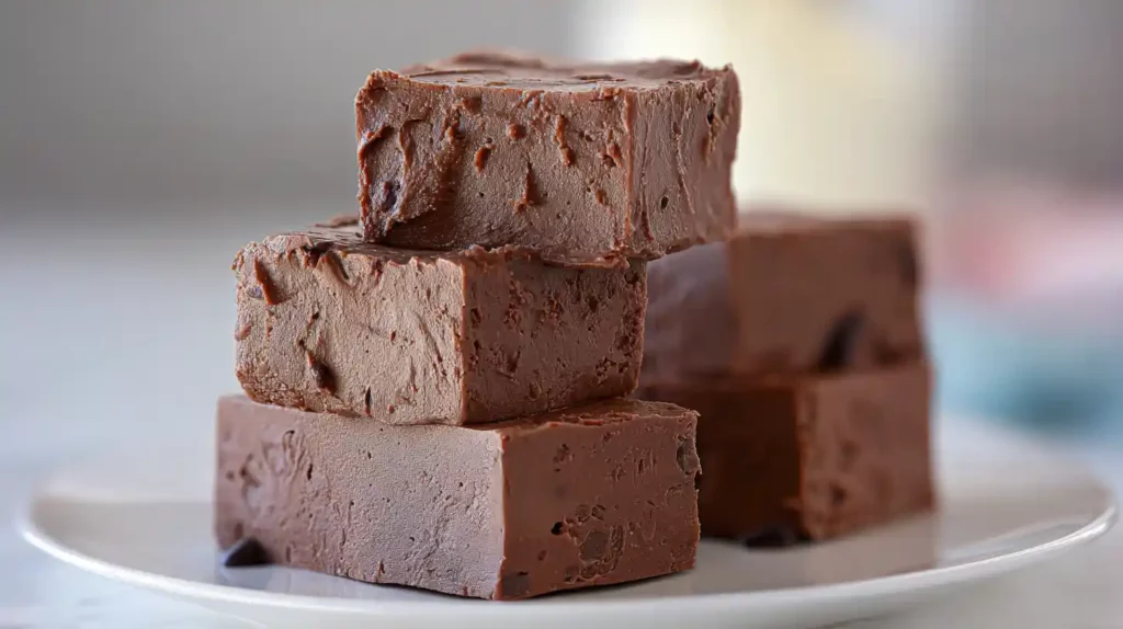Stack of creamy chocolate cottage cheese fudge pieces on a white plate.