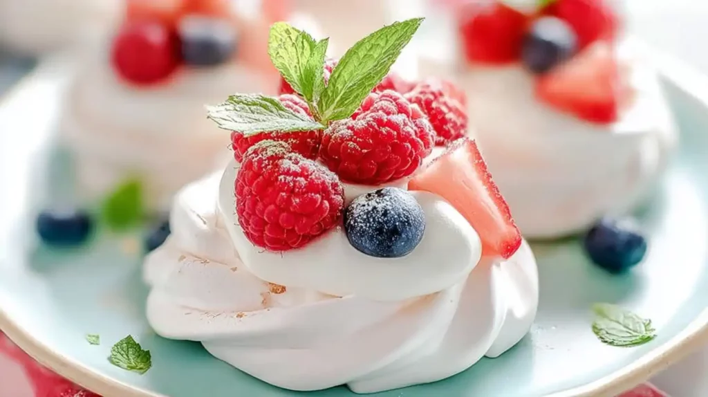 Mini pavlova cookie topped with fresh raspberries, blueberries, and strawberries.