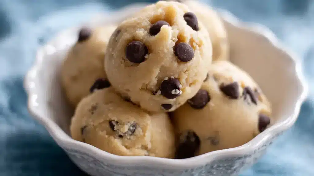 Scoops of chocolate chip Edible Cookie Dough for One in a white scalloped bowl on a blue cloth background