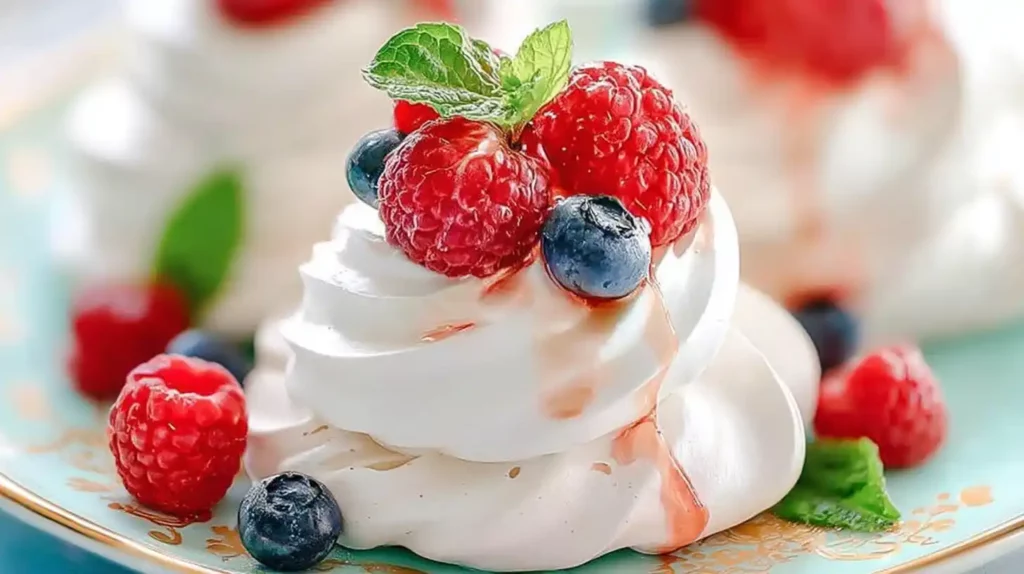 Mini pavlova cookie topped with fresh raspberries, blueberries, and mint leaves on a decorative plate.