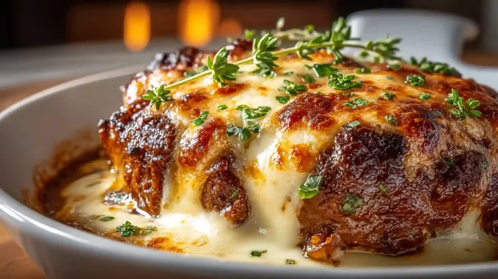 Close-up of a cheesy Amish hamburger steak bake topped with melted cheese, browned edges, and fresh herbs in a white dish.