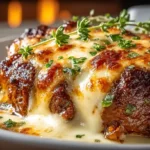 Close-up of a cheesy Amish hamburger steak bake topped with melted cheese, browned edges, and fresh herbs in a white dish.
